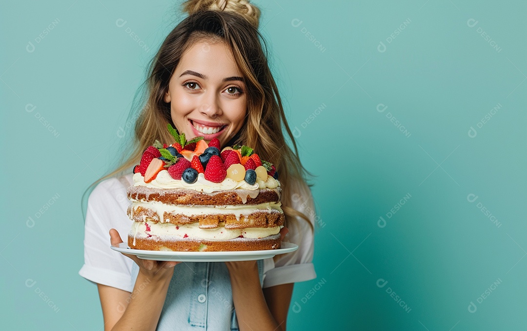 Menina com bolo mostrando sobremesa em fundo de cor sólida