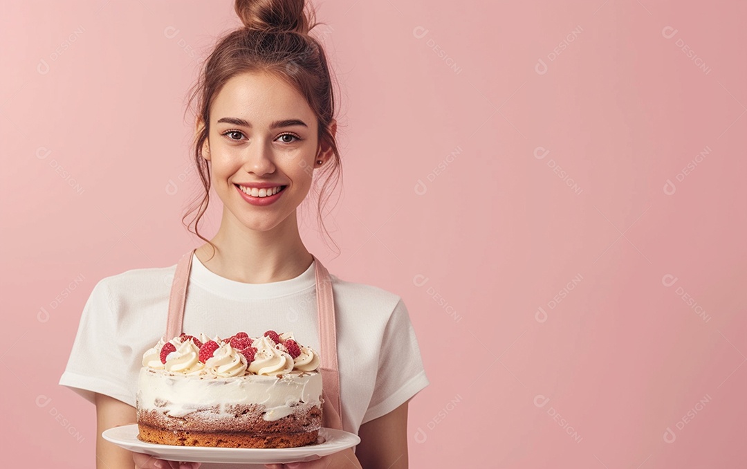 Menina com bolo mostrando sobremesa em fundo de cor sólida