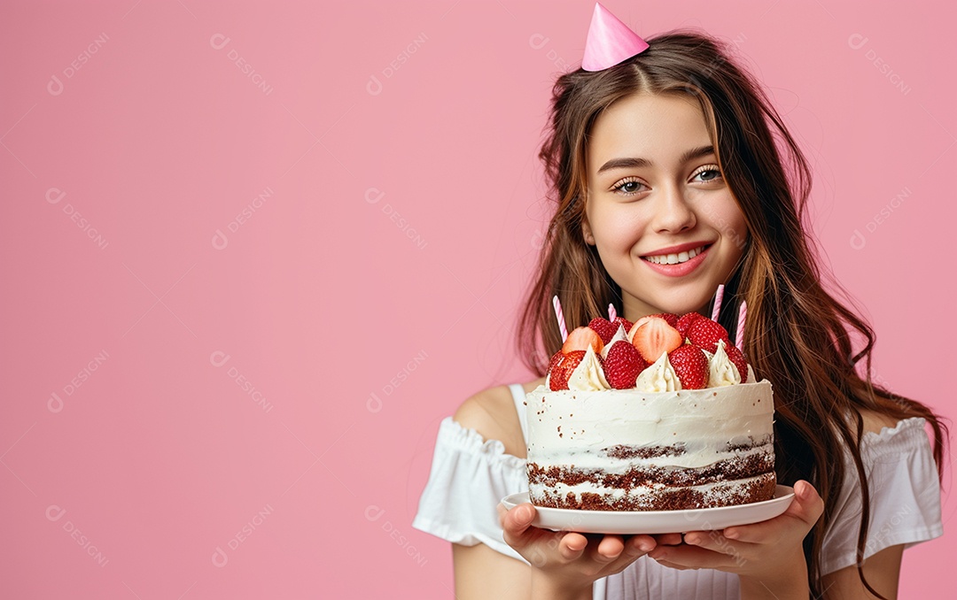Menina com bolo mostrando sobremesa em fundo de cor sólida