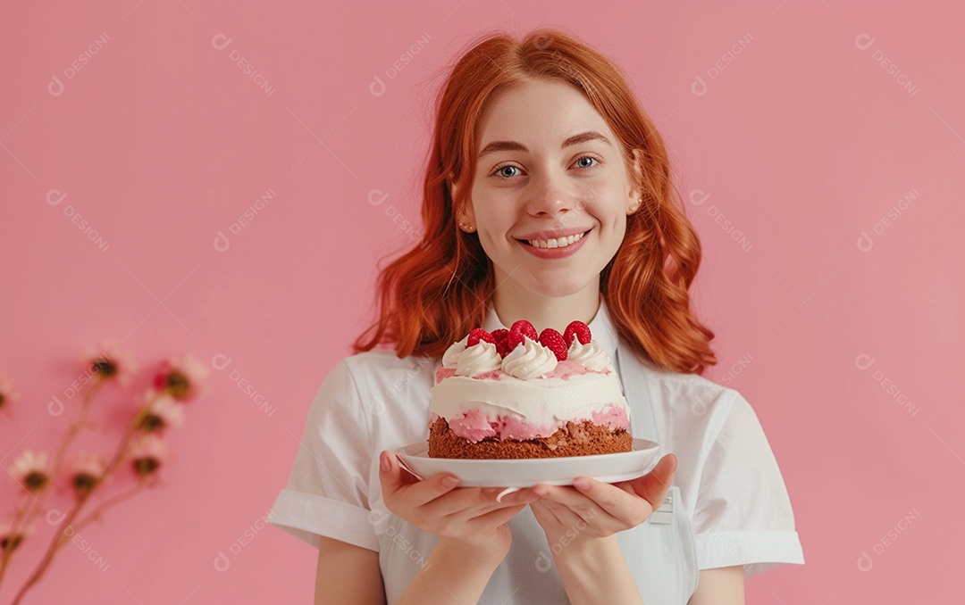 Menina com bolo mostrando sobremesa em fundo de cor sólida