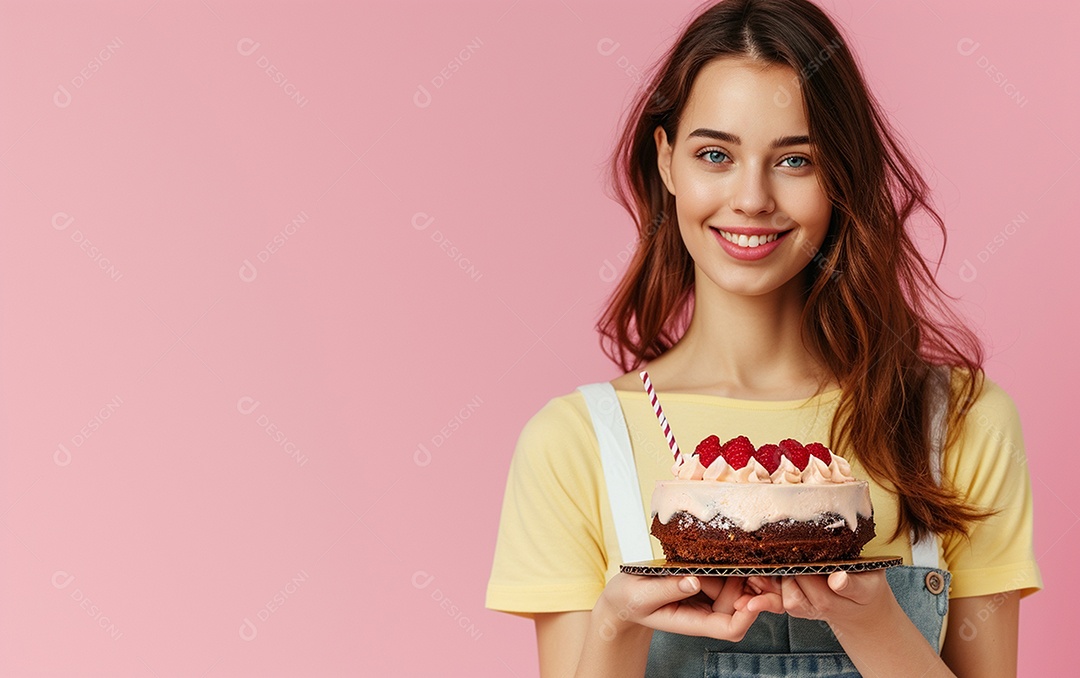 Menina com bolo mostrando sobremesa em fundo de cor sólida