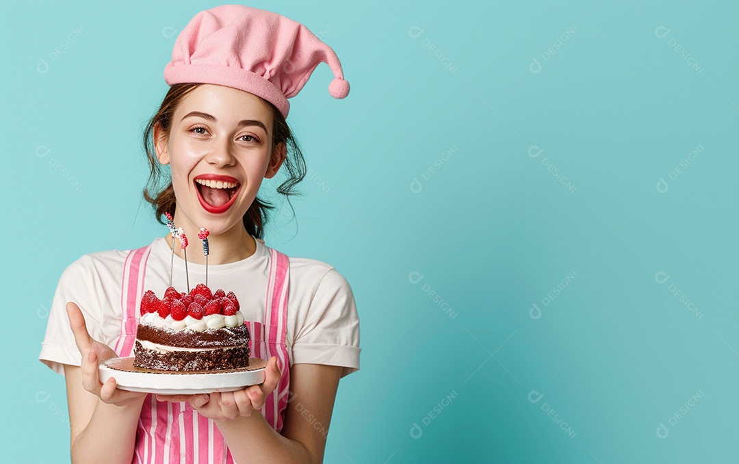 Menina com bolo mostrando sobremesa em fundo de cor sólida