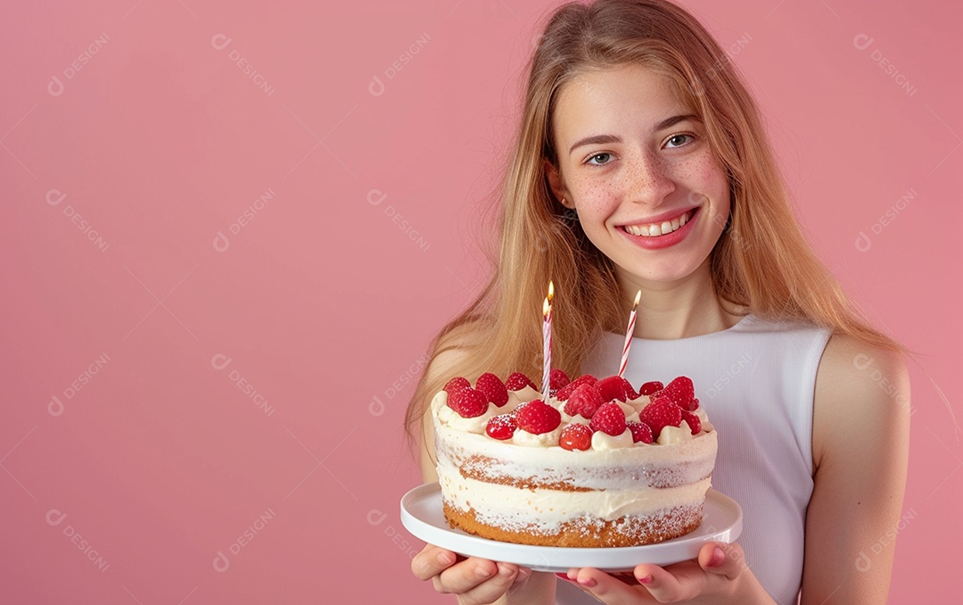 Menina com bolo mostrando sobremesa em fundo de cor sólida