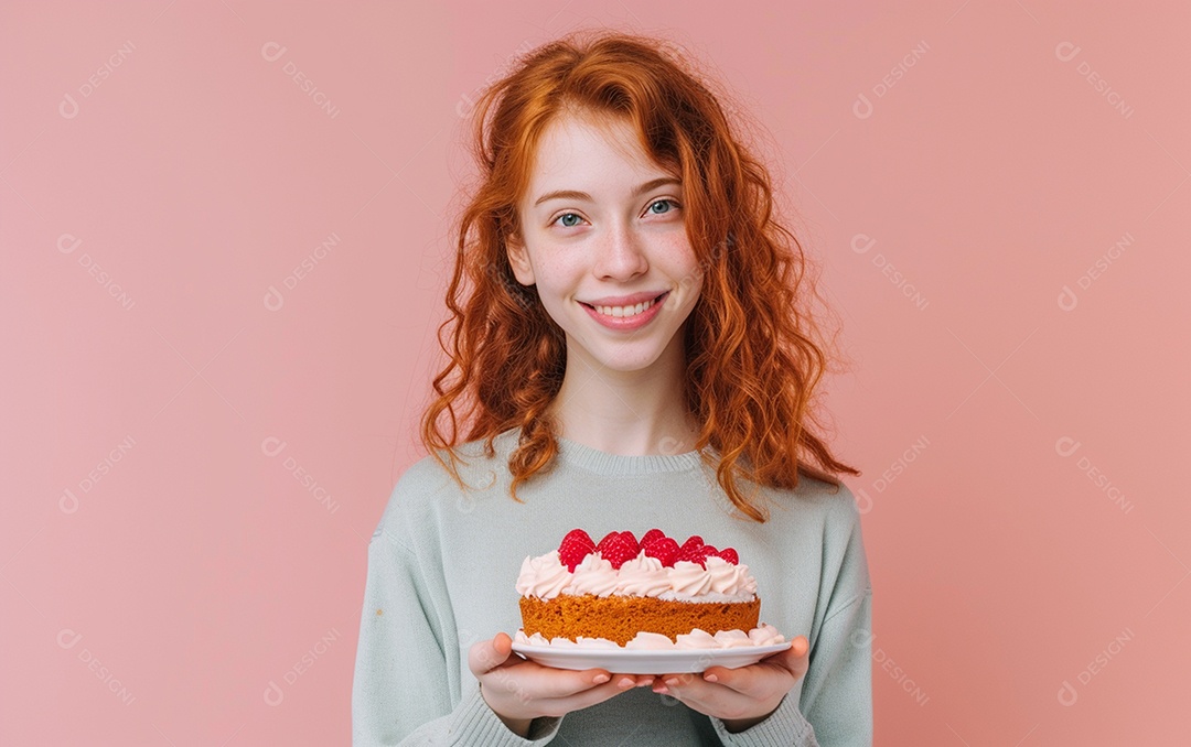 Menina com bolo mostrando sobremesa em fundo de cor sólida