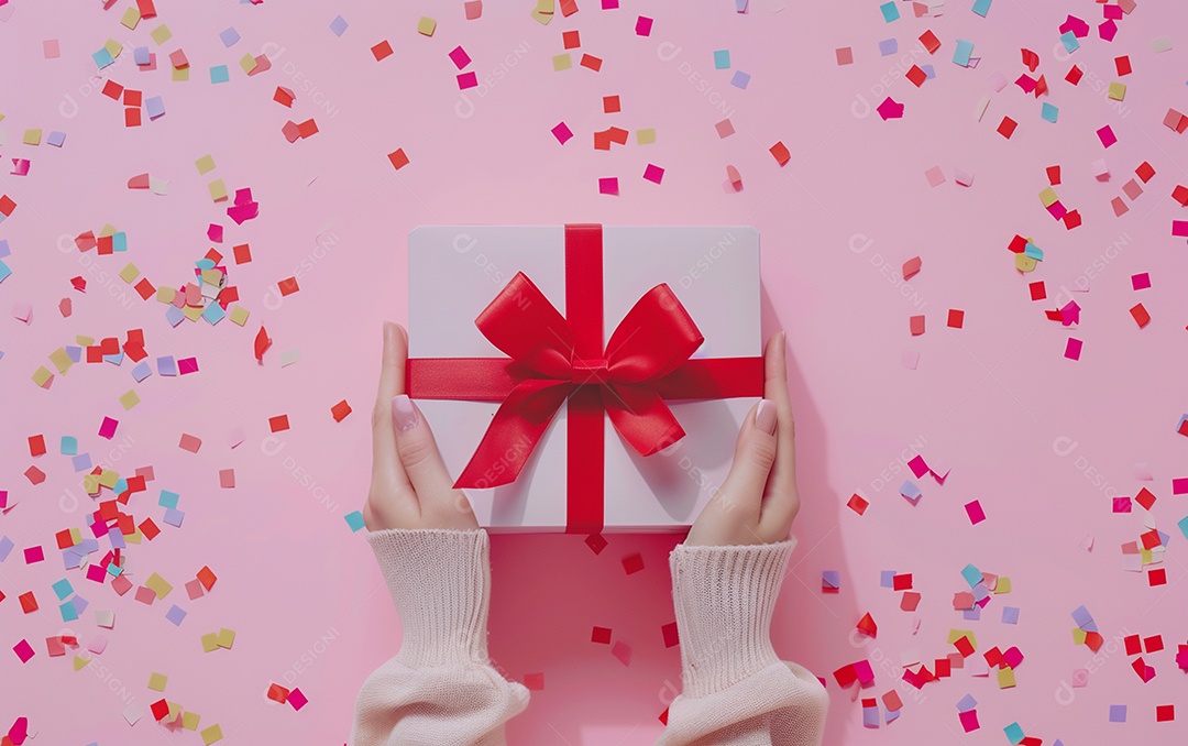 Mãos de mulher segurando caixa de presente de aniversário com laço vermelho