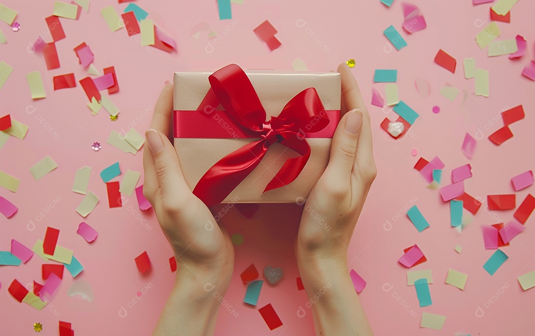 Mãos de mulher segurando caixa de presente de aniversário com laço vermelho