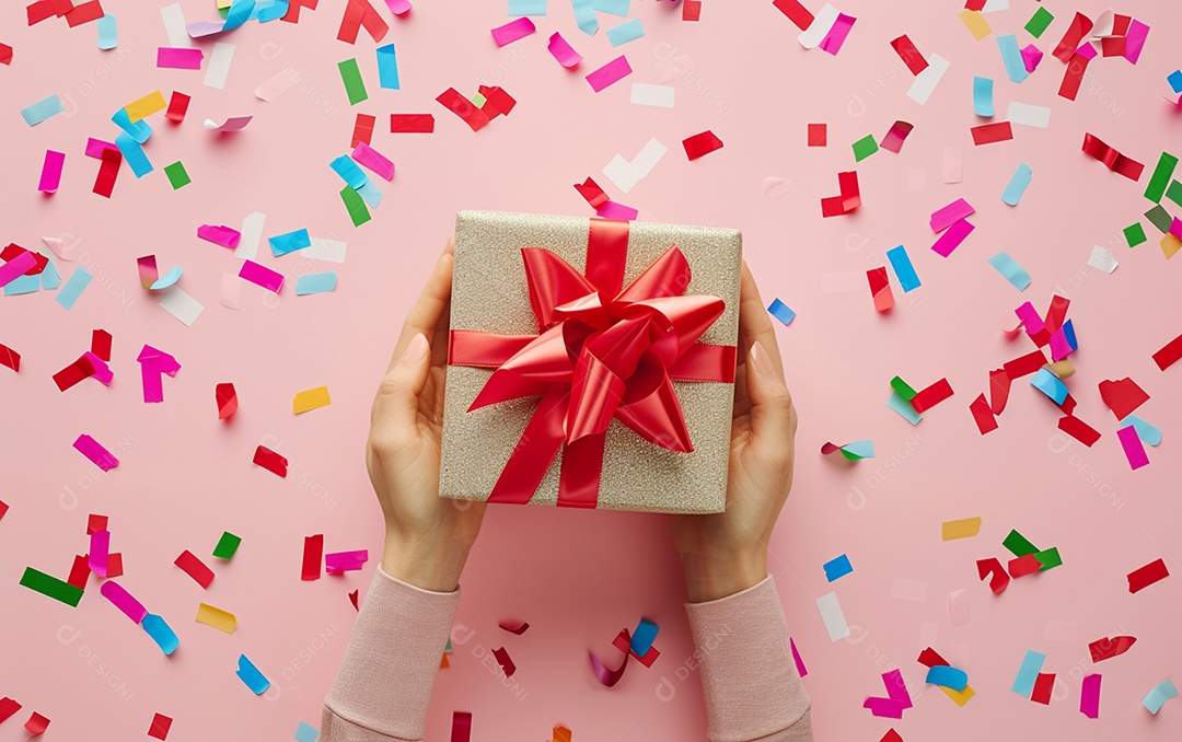 Mãos de mulher segurando caixa de presente de aniversário com laço vermelho