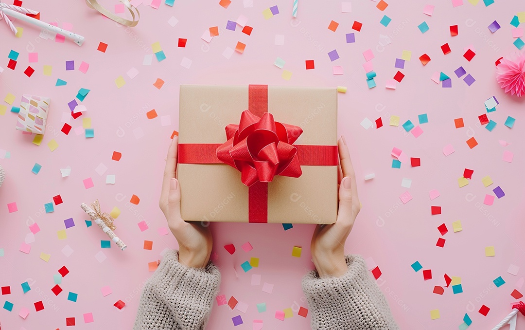 Mãos de mulher segurando caixa de presente de aniversário com laço vermelho