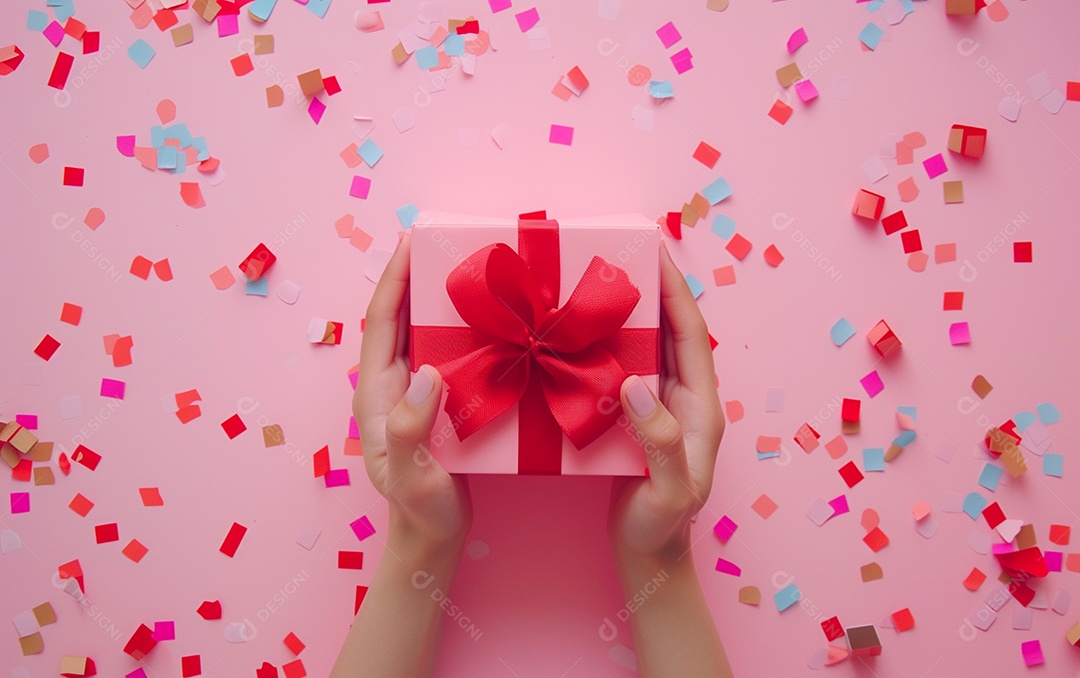 Mãos de mulher segurando caixa de presente de aniversário com laço vermelho