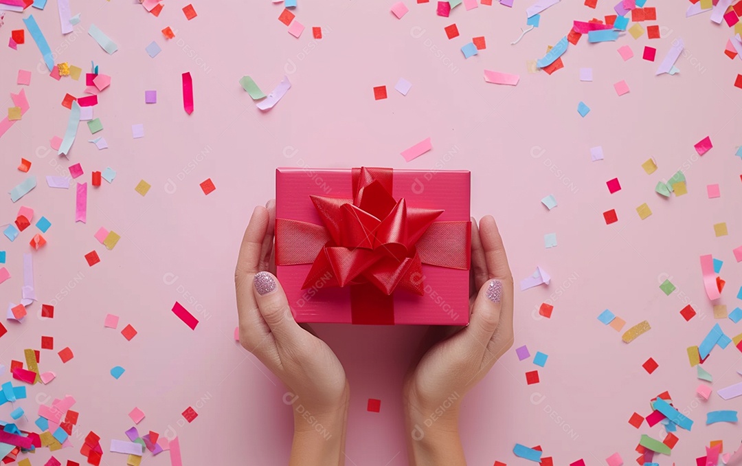 Mãos de mulher segurando caixa de presente de aniversário com laço vermelho