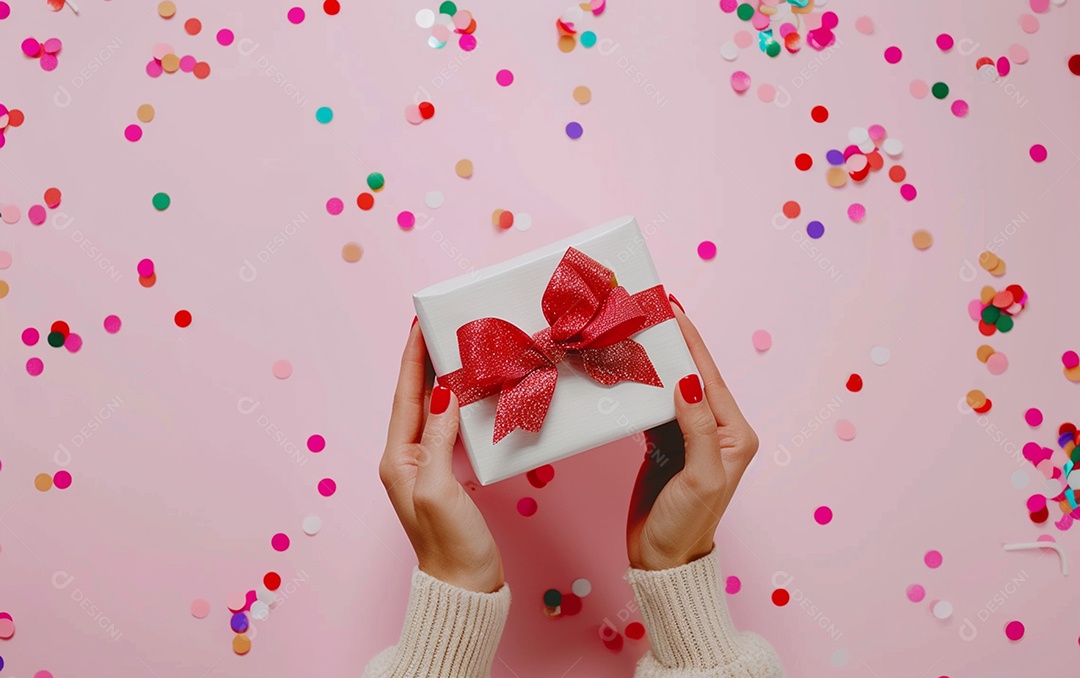 Mãos de mulher segurando caixa de presente de aniversário com laço vermelho