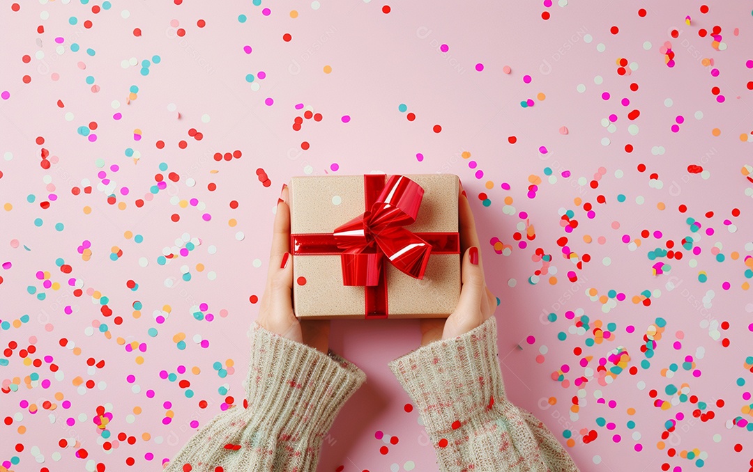 Mãos de mulher segurando caixa de presente de aniversário com laço vermelho