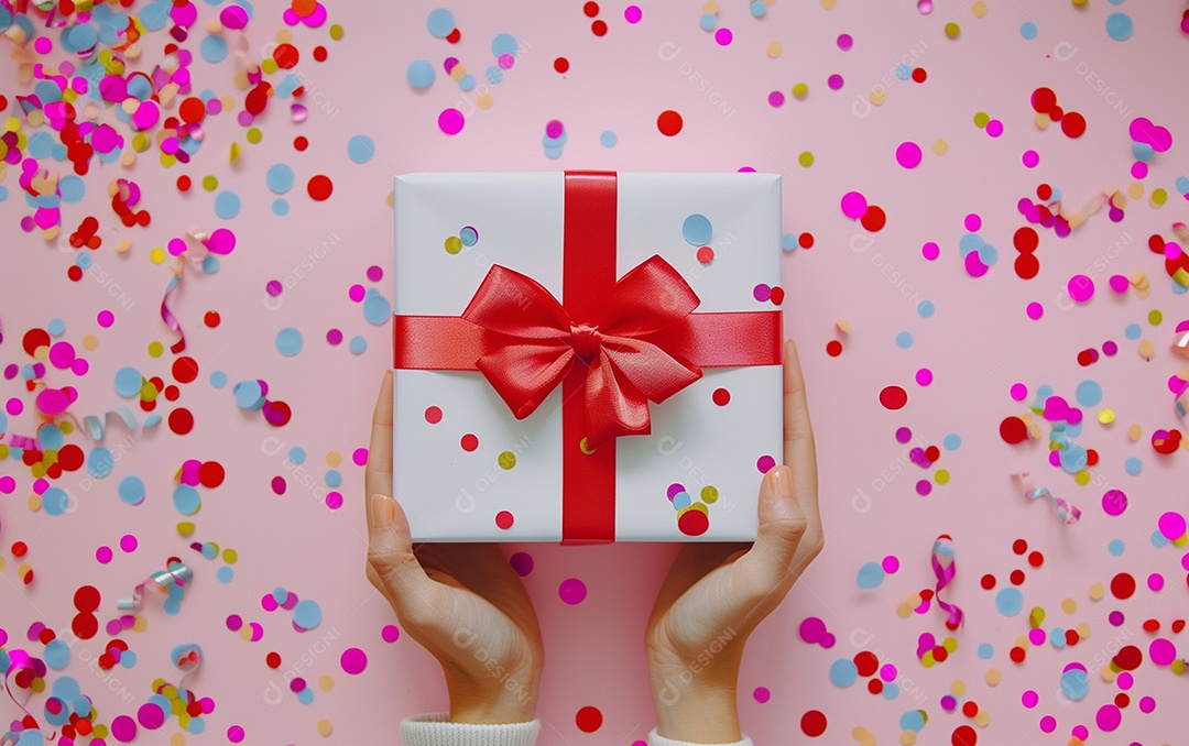 Mãos de mulher segurando caixa de presente de aniversário com laço vermelho