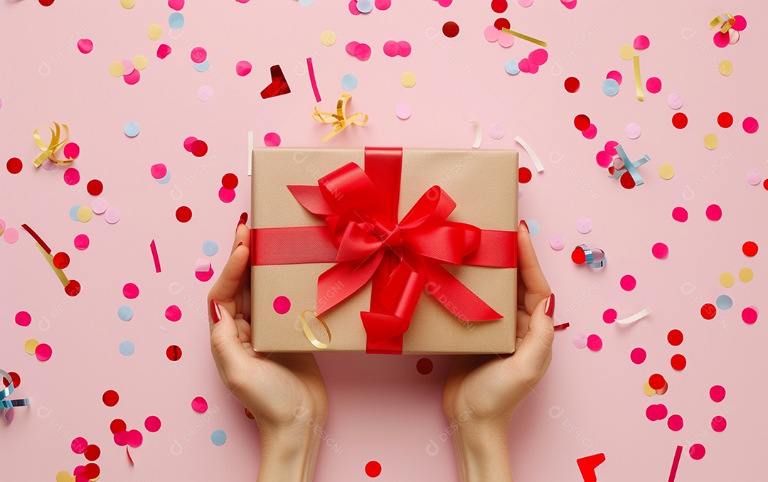 Mãos de mulher segurando caixa de presente de aniversário com laço vermelho