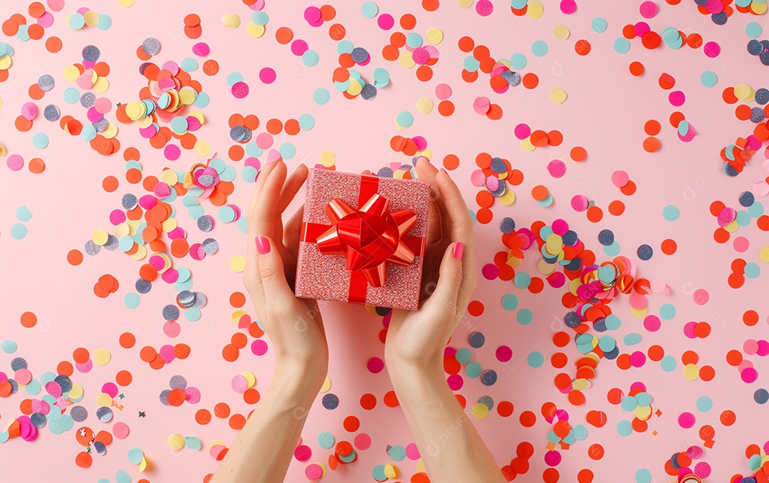Mãos de mulher segurando caixa de presente de aniversário com laço vermelho