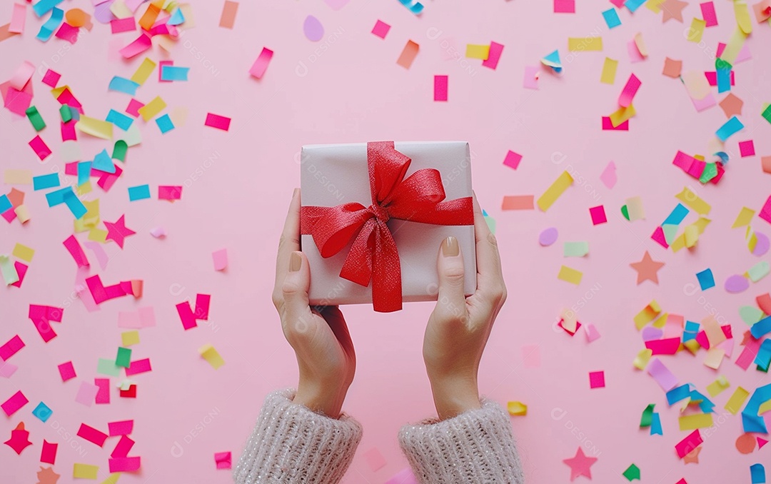 Mãos de mulher segurando caixa de presente de aniversário com laço vermelho