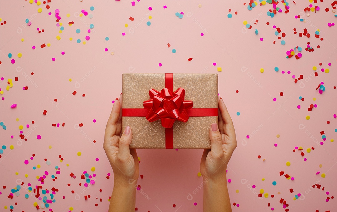 Mãos de mulher segurando caixa de presente de aniversário com laço vermelho