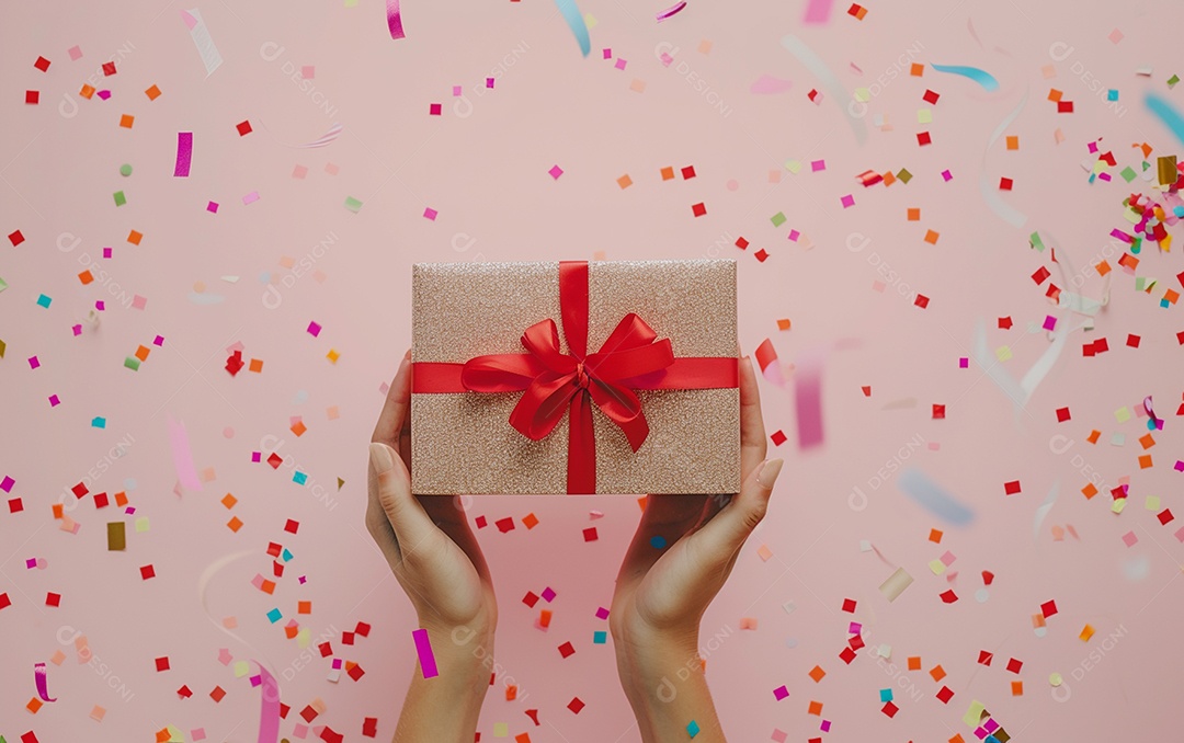 Mãos de mulher segurando caixa de presente de aniversário com laço vermelho