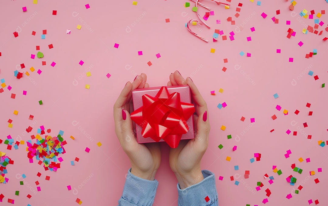 Mãos de mulher segurando caixa de presente de aniversário com laço vermelho