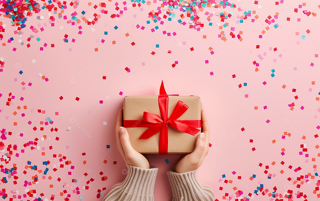 Mãos de mulher segurando caixa de presente de aniversário com laço vermelho