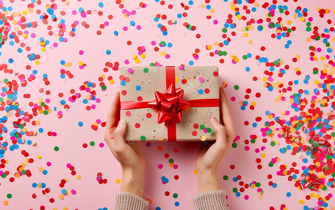 Mãos de mulher segurando caixa de presente de aniversário com laço vermelho