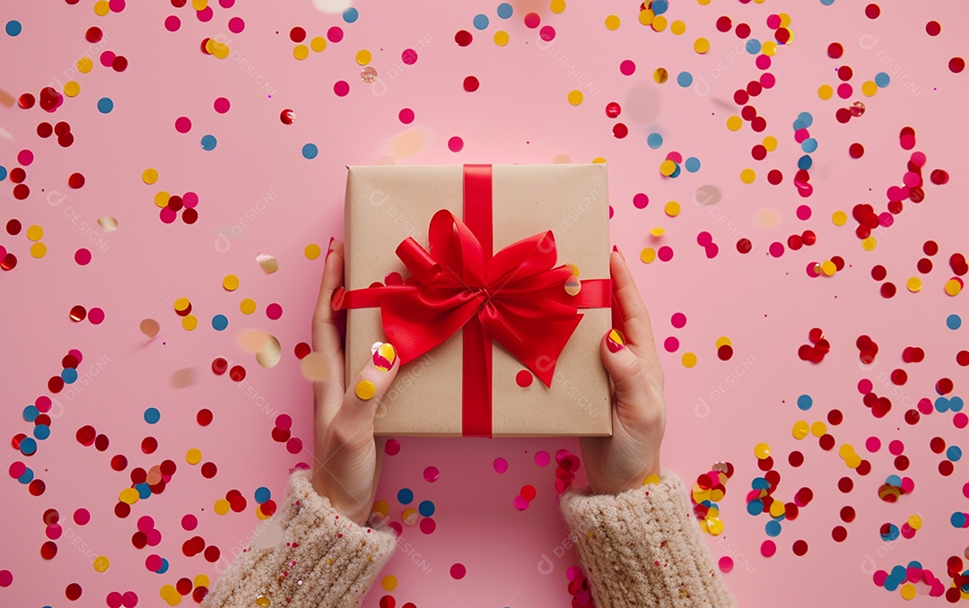 Mãos de mulher segurando caixa de presente de aniversário com laço vermelho