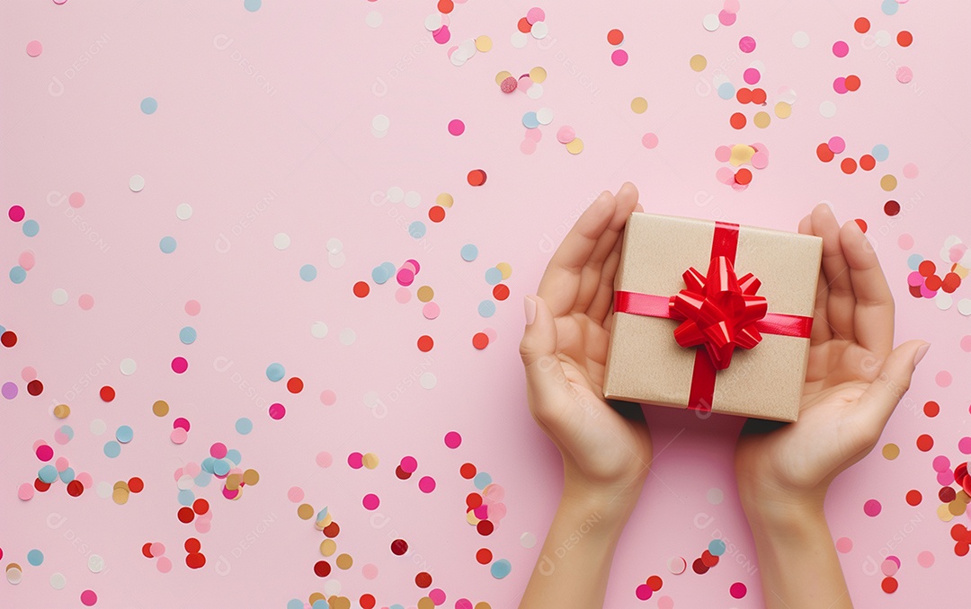 Mãos de mulher segurando caixa de presente de aniversário com laço vermelho