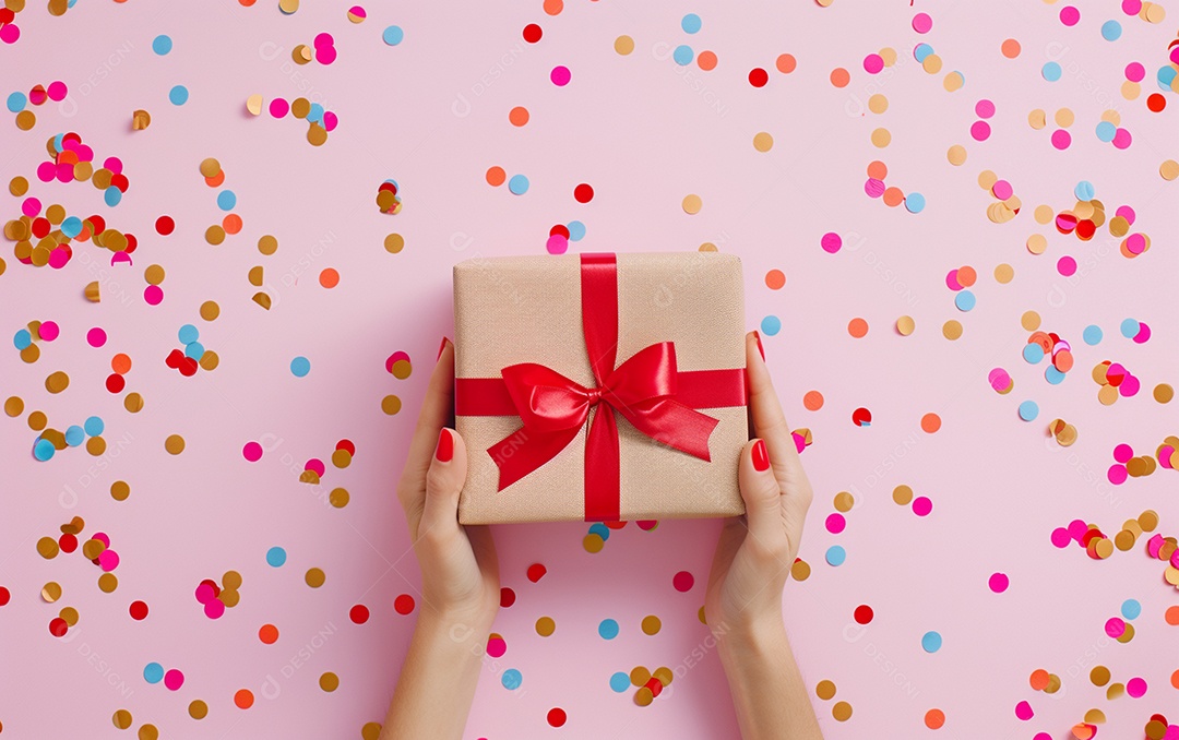Mãos de mulher segurando caixa de presente de aniversário com laço vermelho
