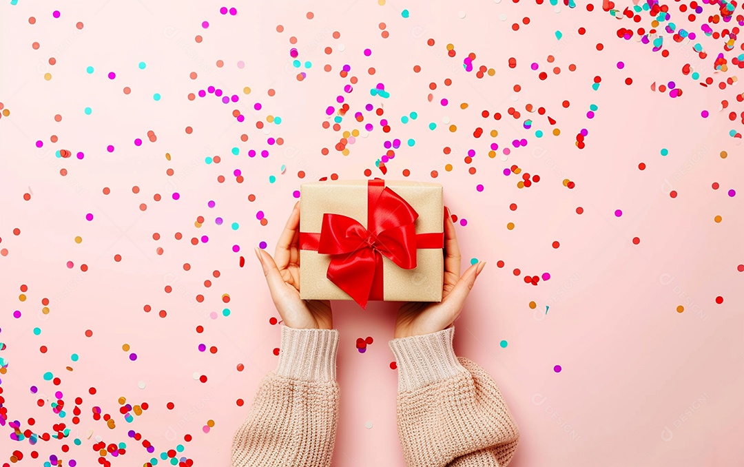 Mãos de mulher segurando caixa de presente de aniversário com laço vermelho