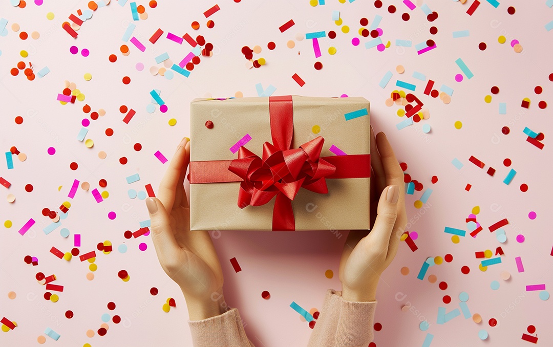 Mãos de mulher segurando caixa de presente de aniversário com laço vermelho