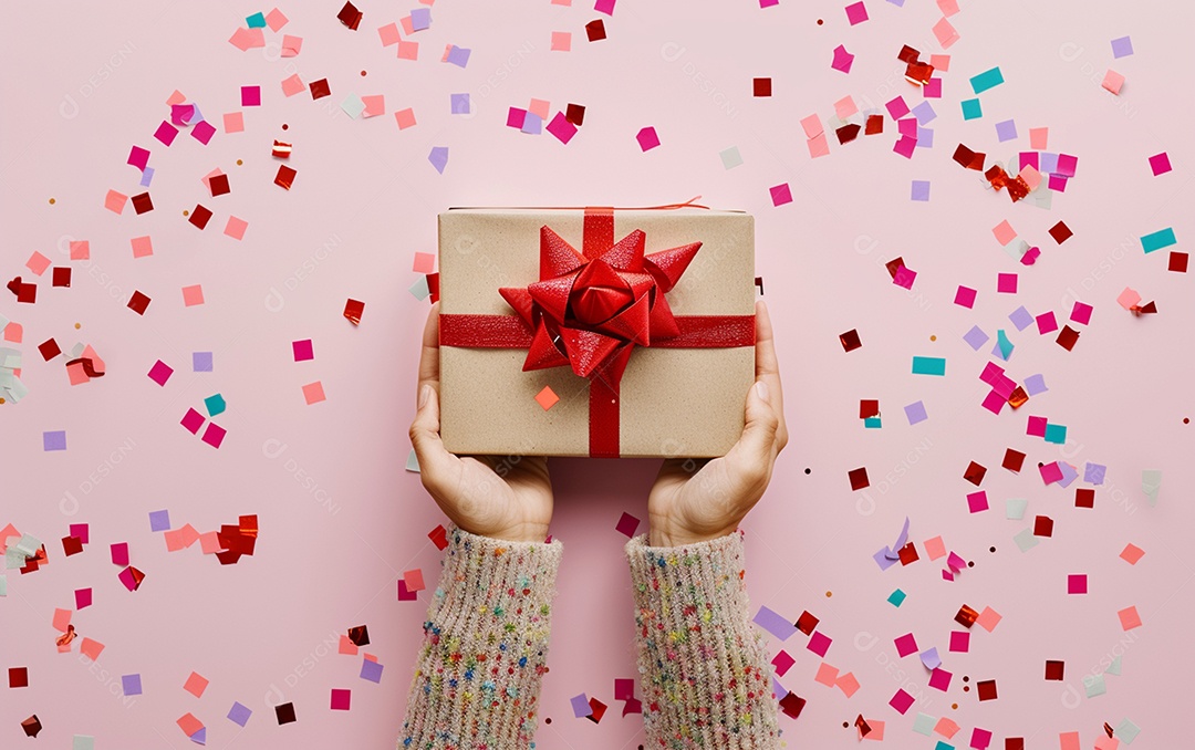 Mãos de mulher segurando caixa de presente de aniversário com laço vermelho