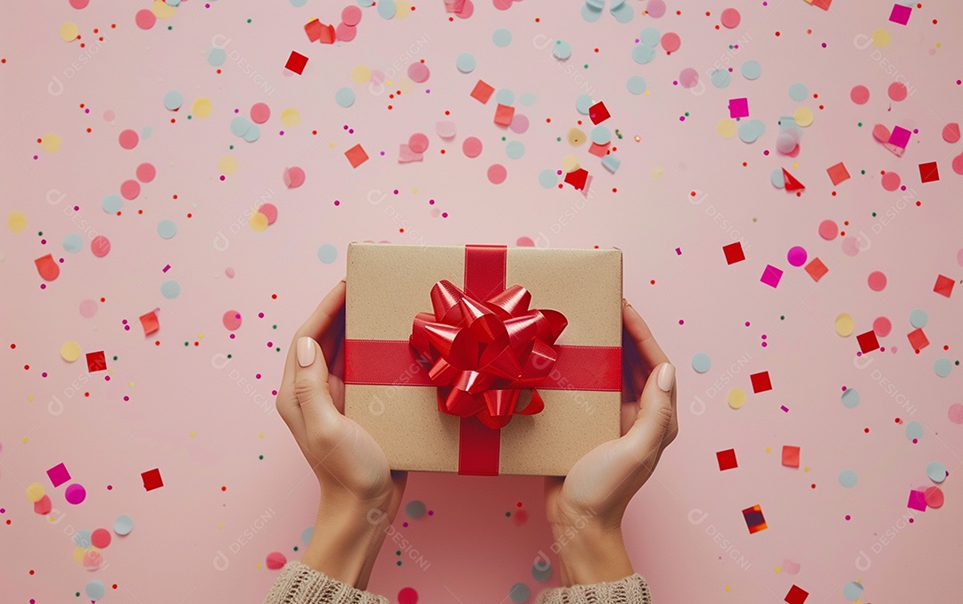 Mãos de mulher segurando caixa de presente de aniversário com laço vermelho