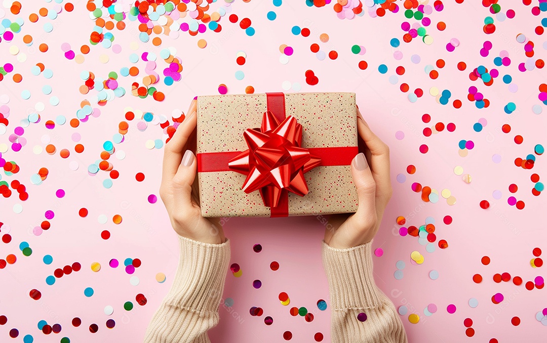 Mãos de mulher segurando caixa de presente de aniversário com laço vermelho