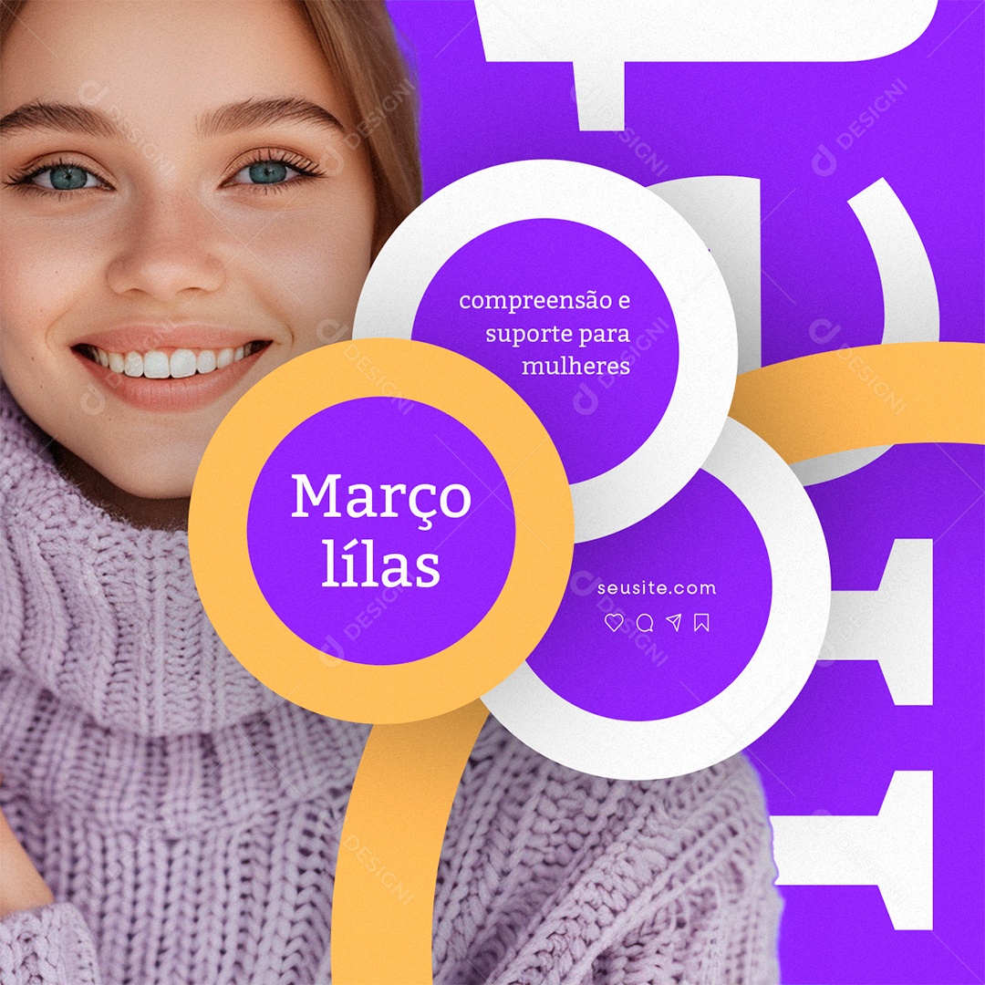 Março Lilás compreensão e suporte para mulheres Social Media PSD Editável
