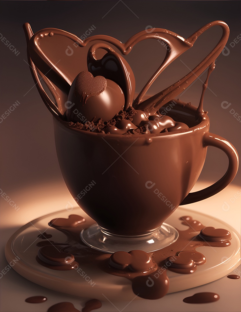 Caneca de chocolate com corações de chocolate flutuantes no ar