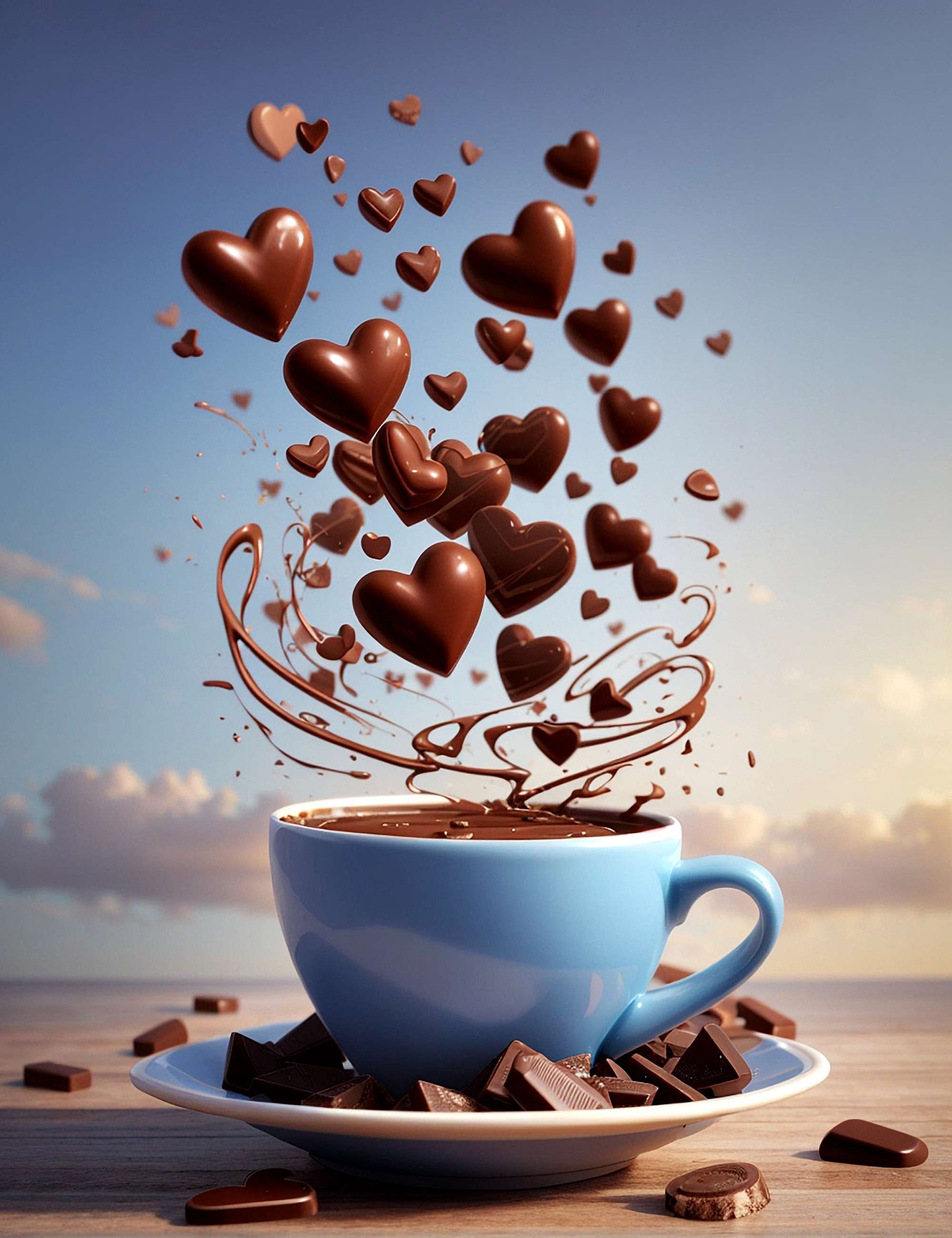 Caneca de chocolate com corações de chocolate flutuantes no ar IA generativa