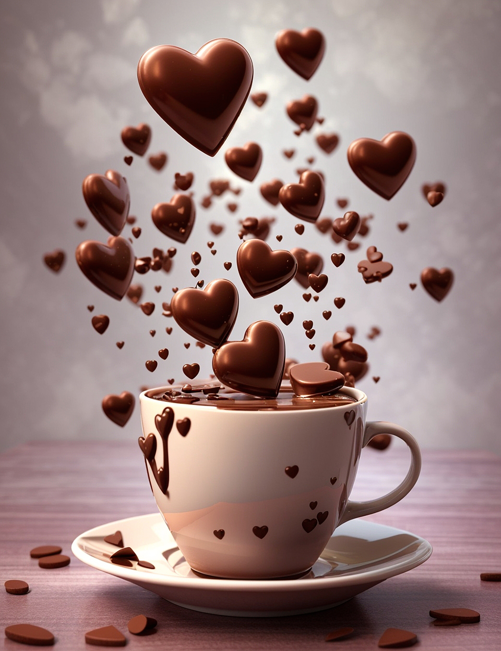 Caneca de chocolate com corações de chocolate flutuantes no ar IA generativa