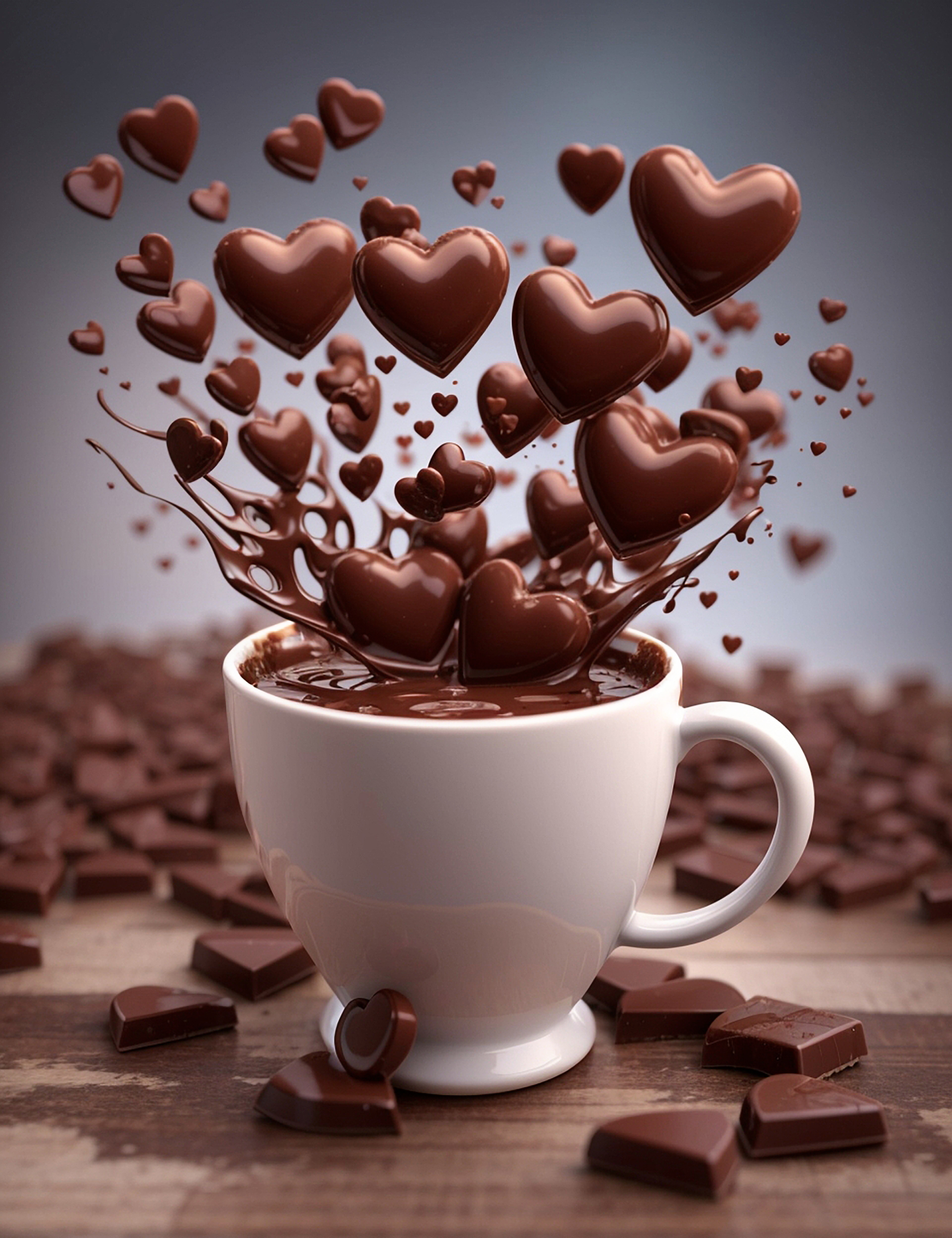 Caneca de chocolate com corações de chocolate flutuantes no ar IA generativa