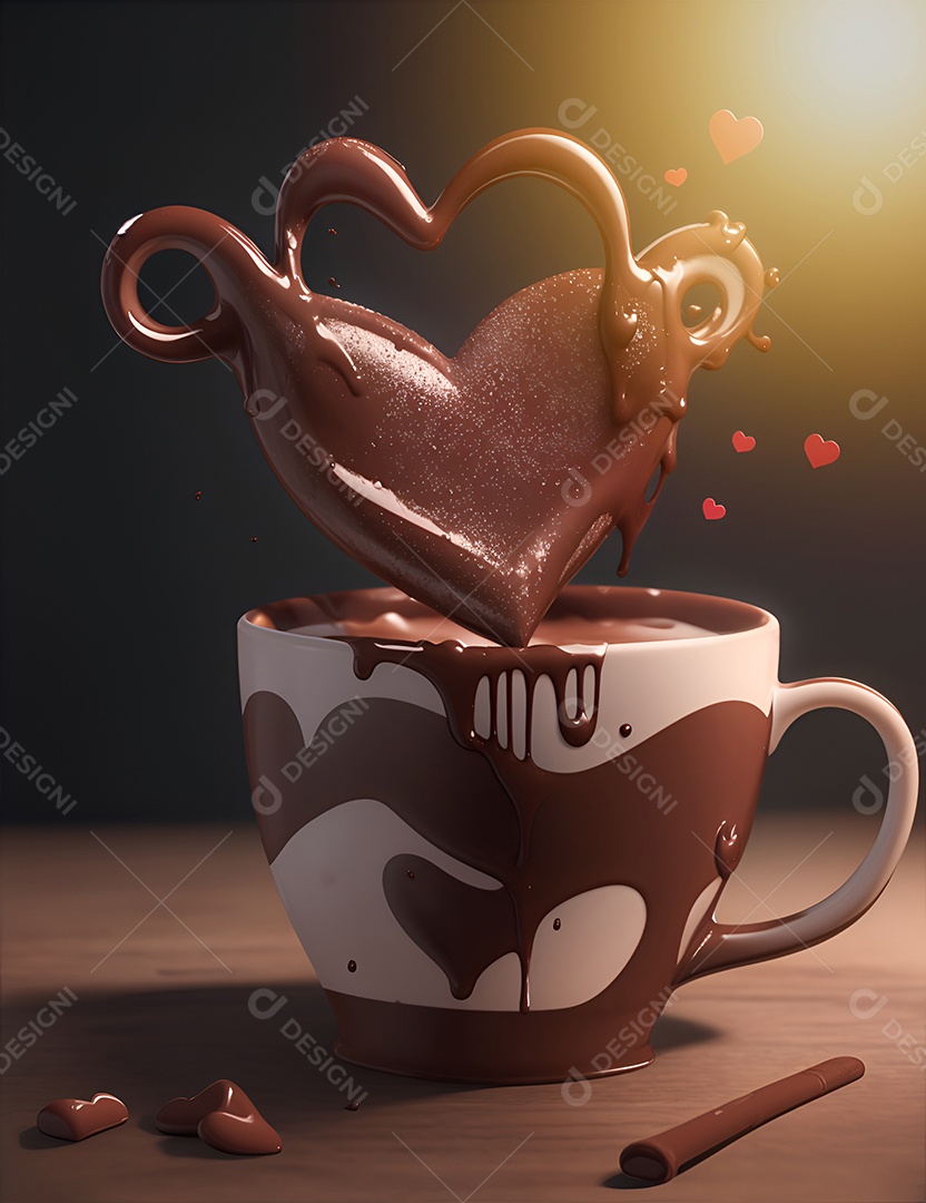 Caneca de chocolate com corações de chocolate flutuantes no ar