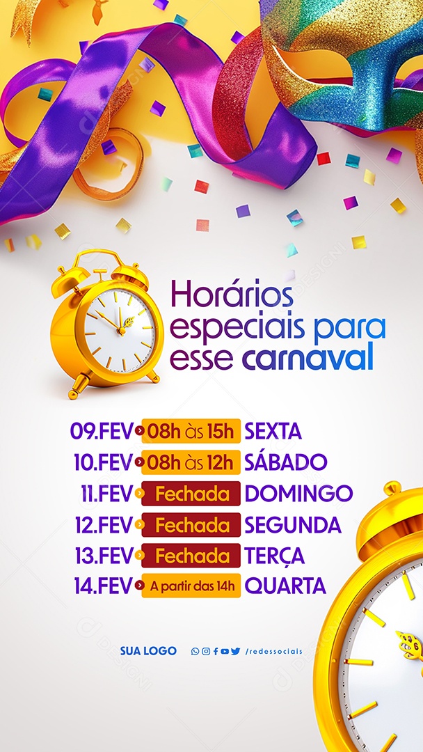 Story Horários Especiais para esse Carnaval horário de funcionamento Social Media PSD Editável