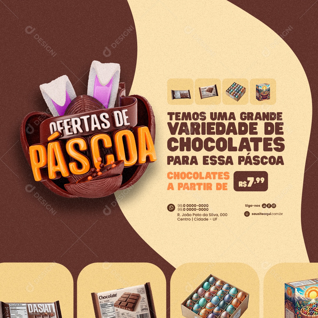 Ofertas de Páscoa Supermercado Temos uma grande variedade de chocolates Social Media PSD Editável