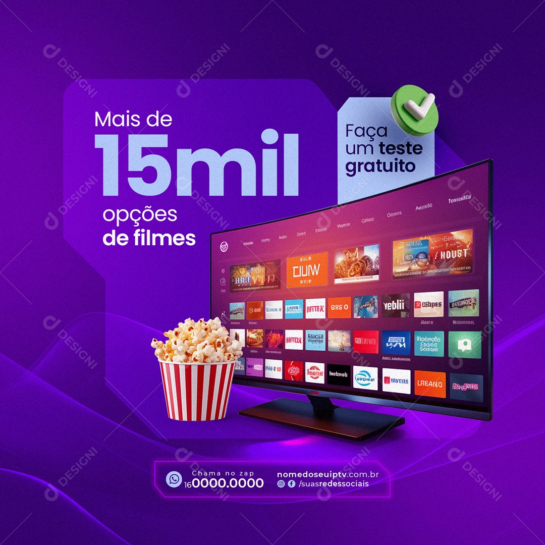 IPTV Mais de 15 mil opções de filmes Faça um teste gratuito Social Media PSD Editável