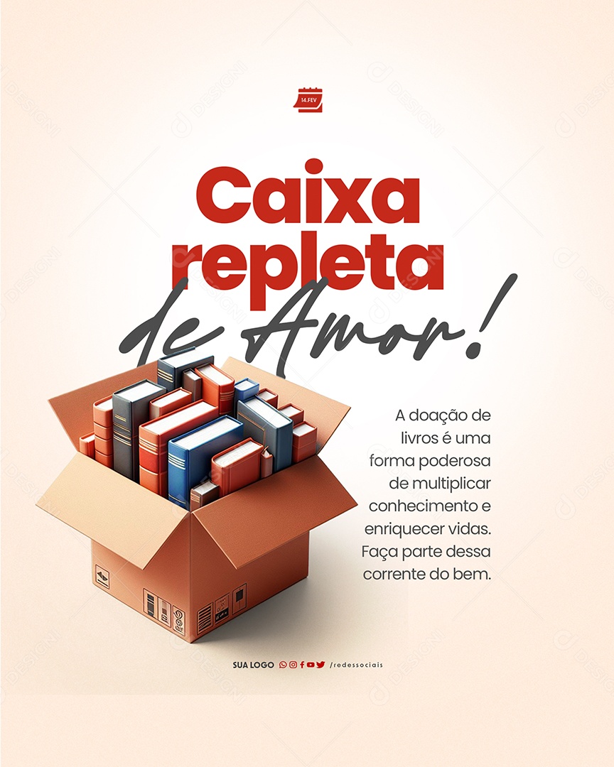 Dia Internacional da Doação de Livros caixa repleta de amor Social Media PSD Editável