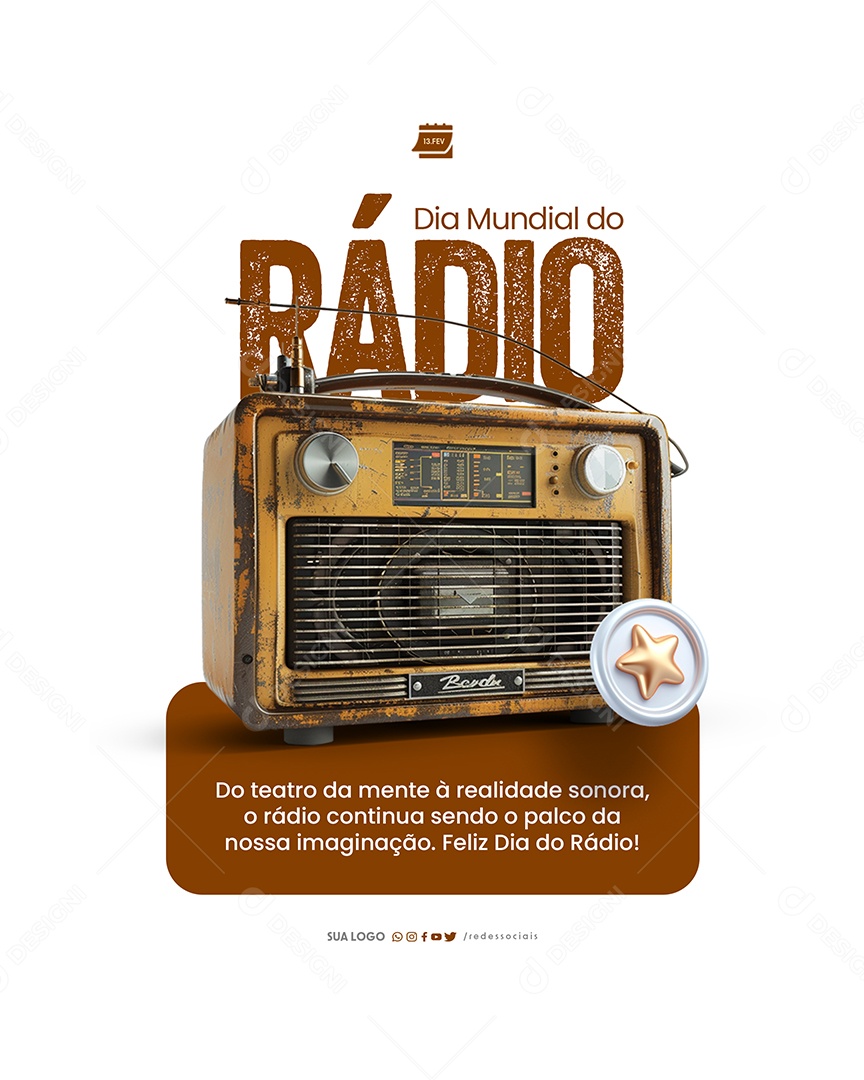 Dia Mundial do Rádio 13 de Fevereiro teatro da mente à realidade sonora Social Media PSD Editável