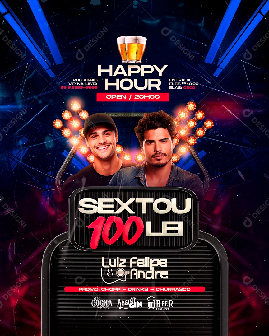 Flyer Happy Hour Sextou 100 Luiz Felipe e Andre Social Media PSD Editável