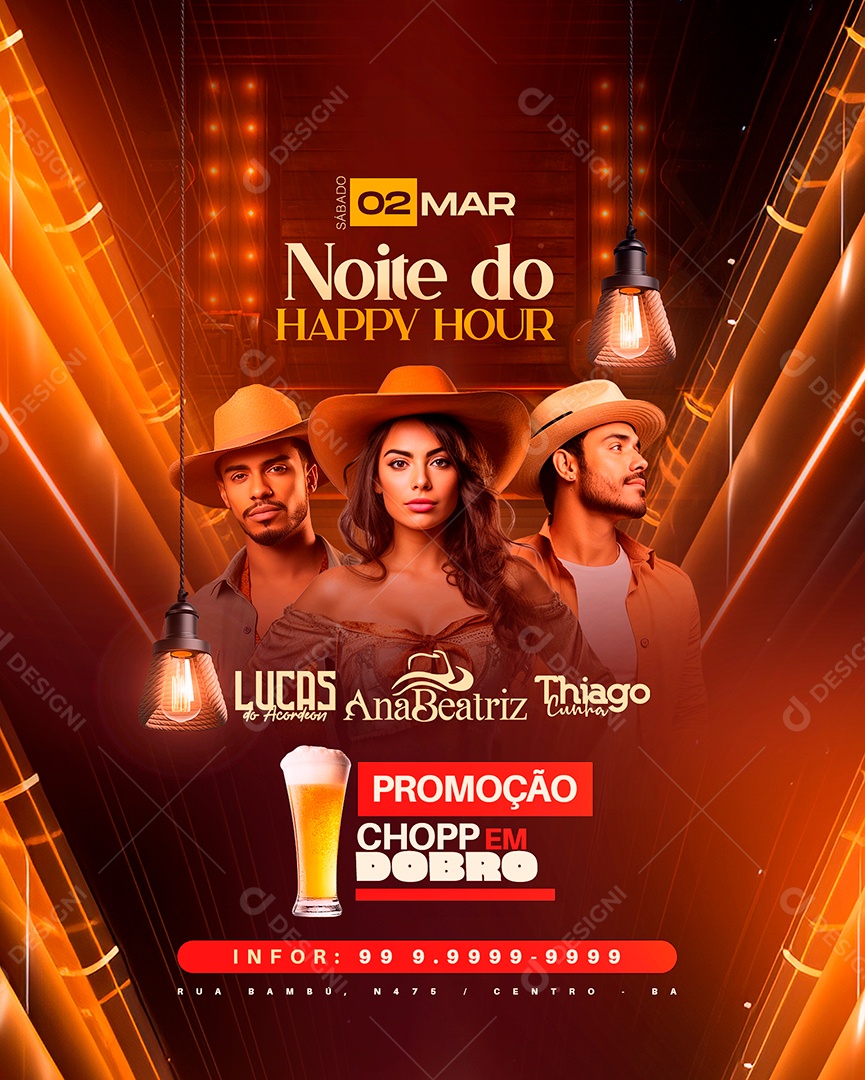 Flyer Noite do Happy Hour Lucas do Acordeon Ana Beatriz Thiago Cunha Social Media PSD Editável