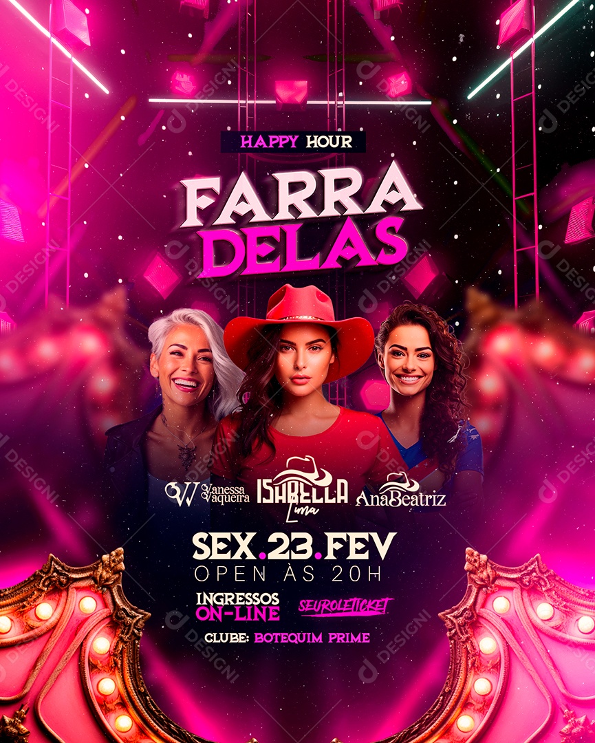 Flyer Farra Delas Vanessa Vaqueira Isabella Lima Ana Beatriz Social Media PSD Editável