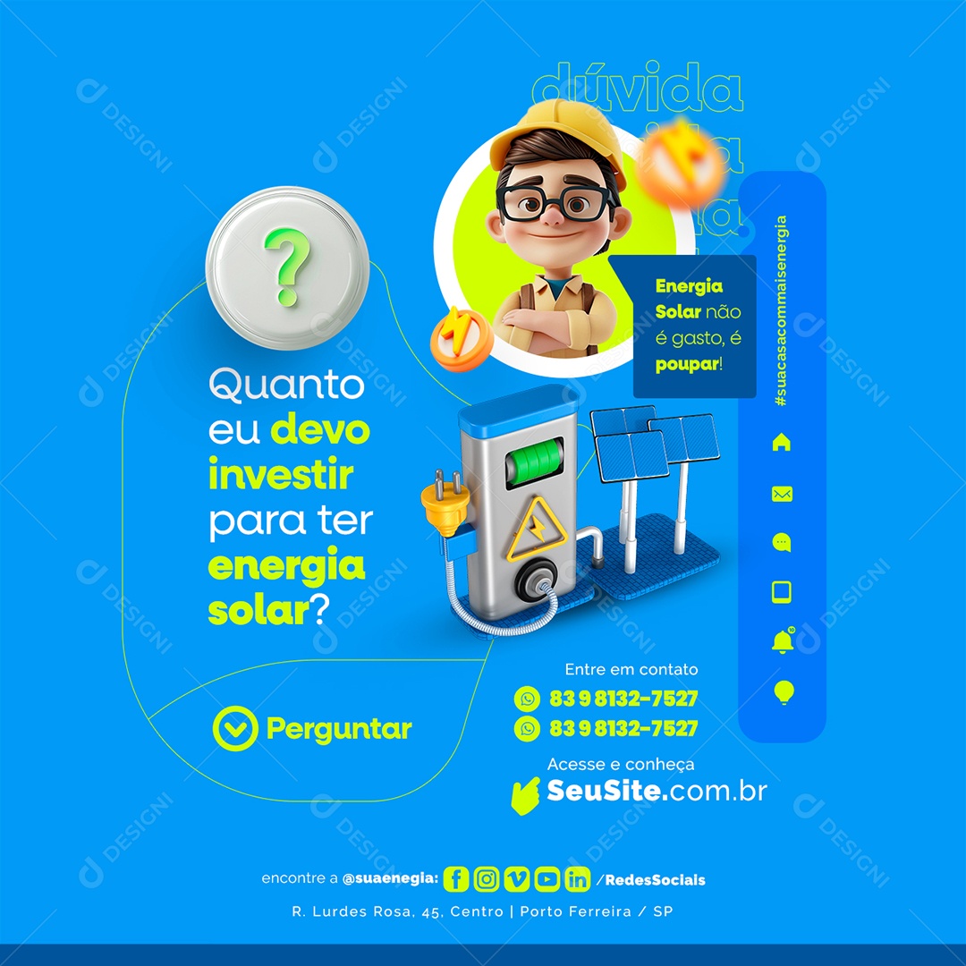 Energia Solar Dúvida não é gasto é poupar Social Media PSD Editável