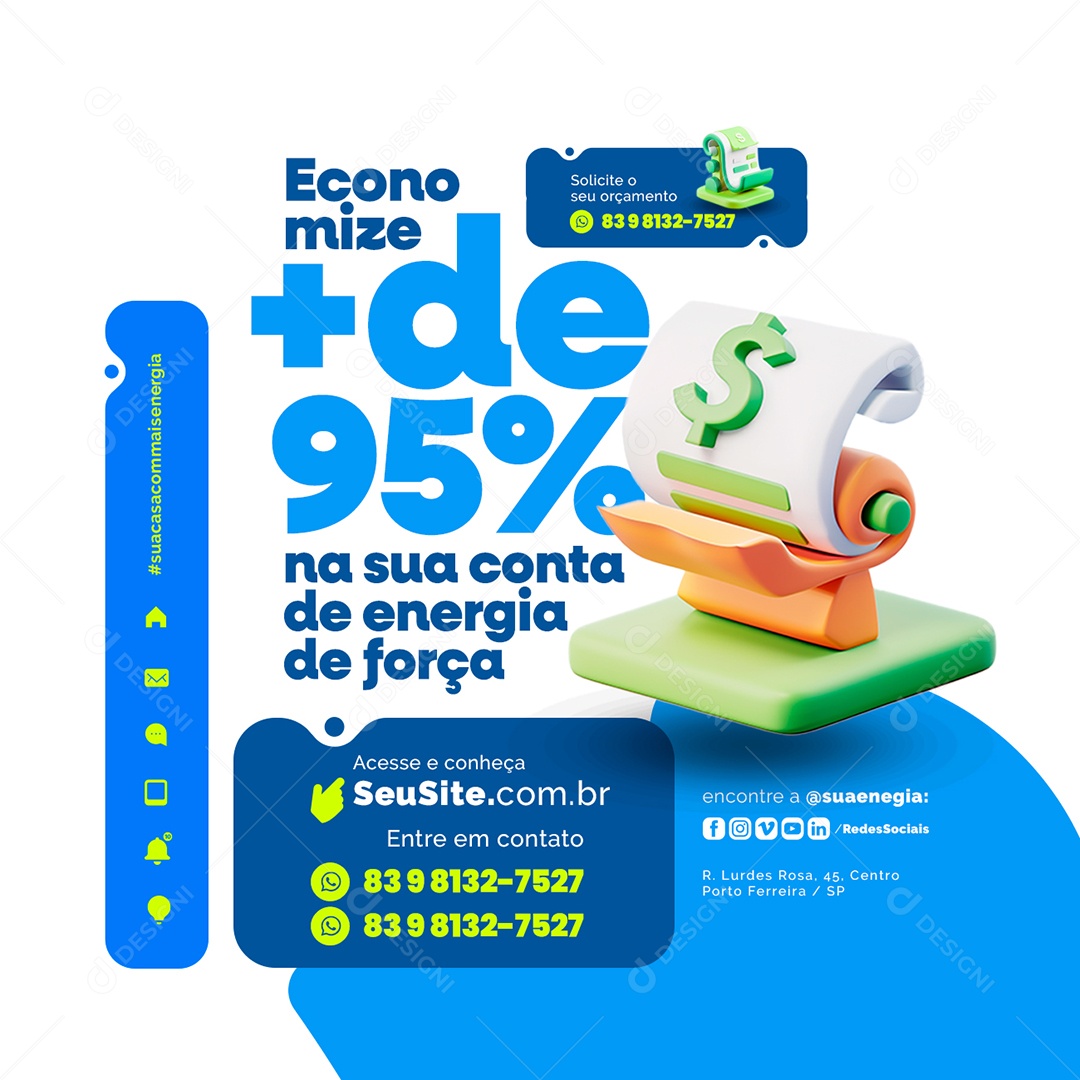 Energia Solar Economize de 95% na sua conta de energia de força Social Media PSD Editável