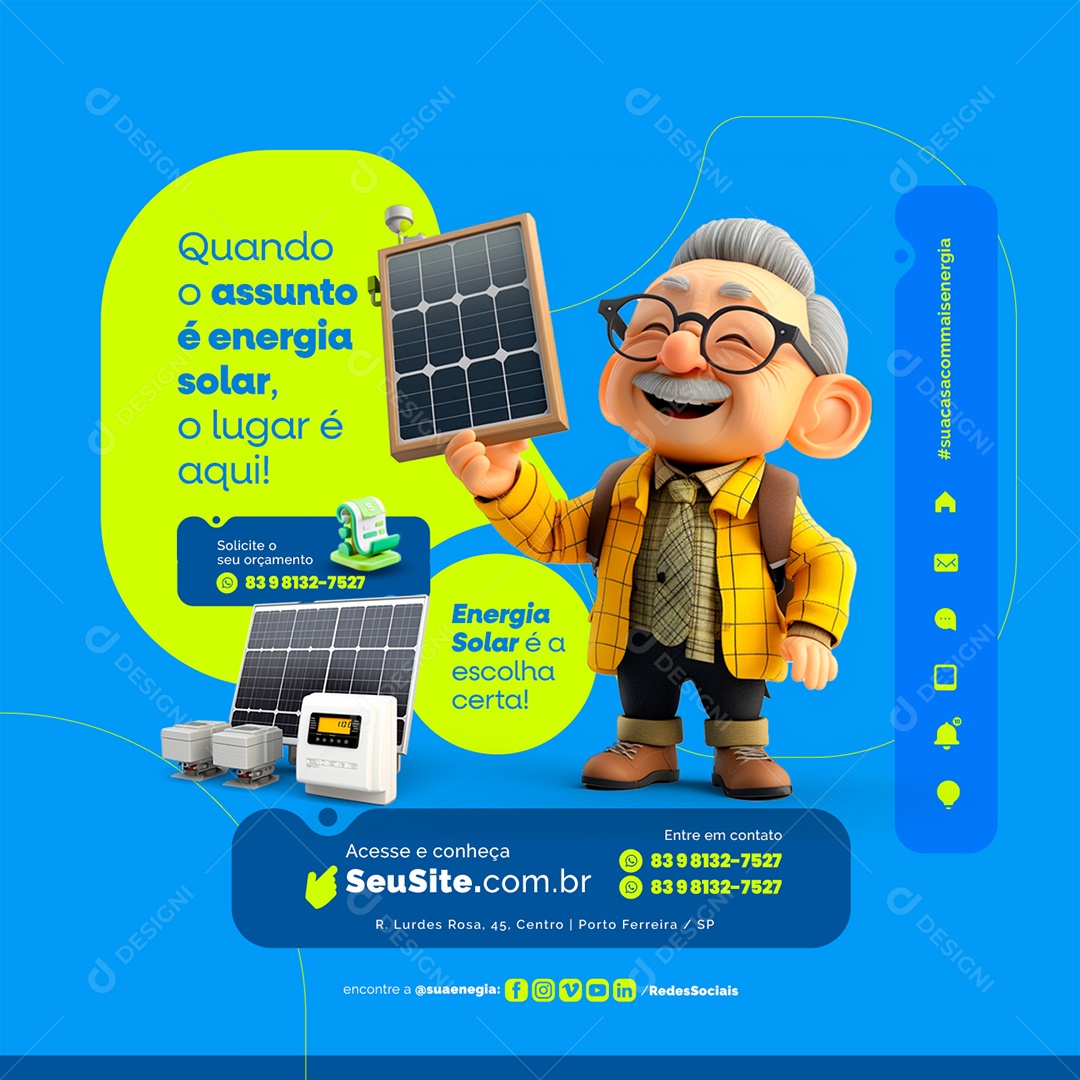 Energia Solar é a escolha certa Solicite um orçamento Social Media PSD Editável